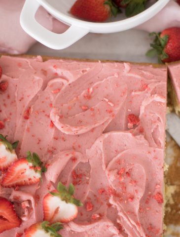 top view of cake iced with strawberries