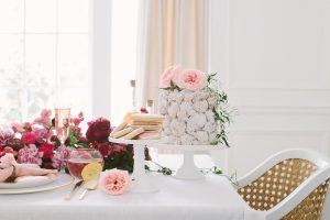 valentines tablescape with cake and cookies