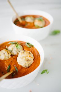 light tomato bisque soup with home made turkey meatballs