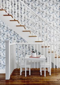 Blue and white wallpaper with staircase