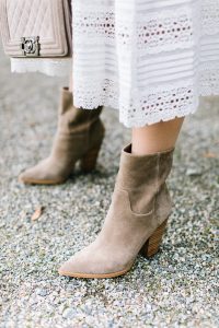 white lace dress details with sued booties