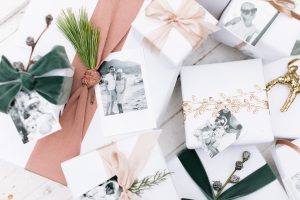 retro black and white photos on presents for name tags