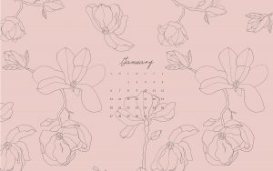 pink line art floral desktop background with January Calendar