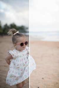 monika hibbs blush preset photo edits filters young girl at beach in white floral dress with pink sunglasses and pink ribbon in hair styled in a bun