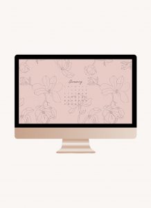 pink line art floral desktop background with January calendar mocked up on an imac monitor