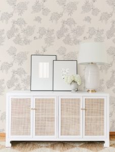 Styled Console Table with #MHxUrbanWalls Wallpaper on Hydrangeas in the Background
