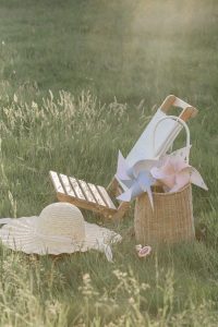 Beach Chair Minnow Print Pinwheels in a basket and a straw hat in grass